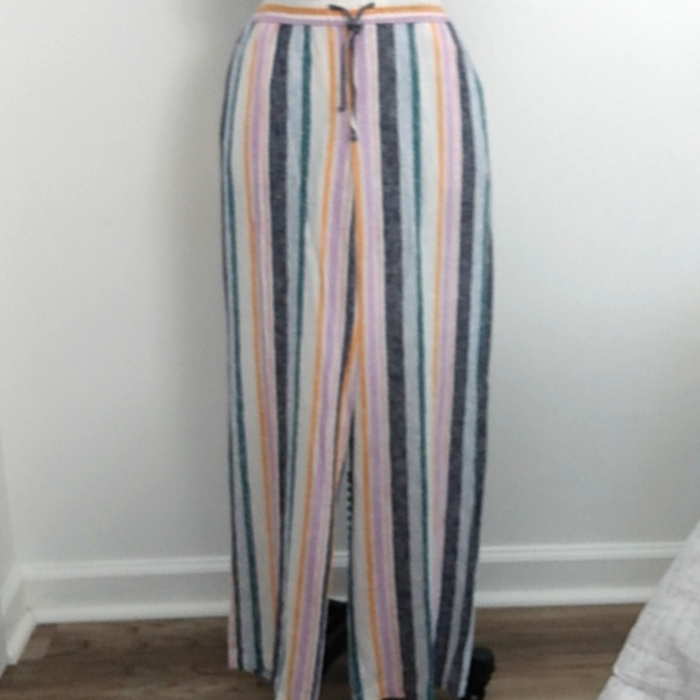 Slacks  linen multi color stripe sz.s elastic waistband drawstring side pockets